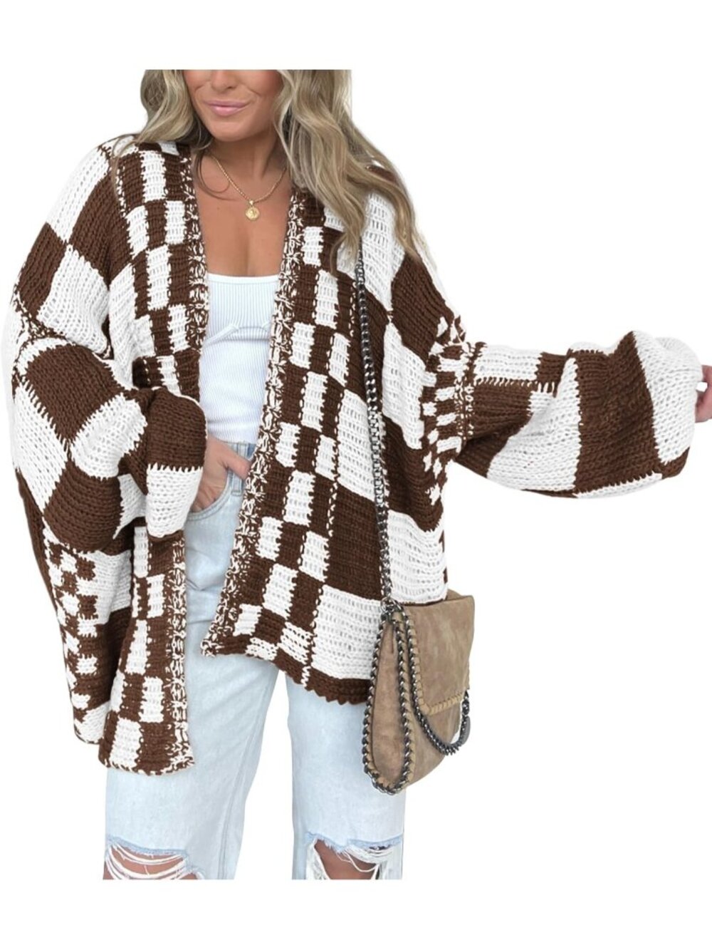 🧥Women's Brown Cardigan Sweater Open Front Chunky Knit Loose Fit Checkered
